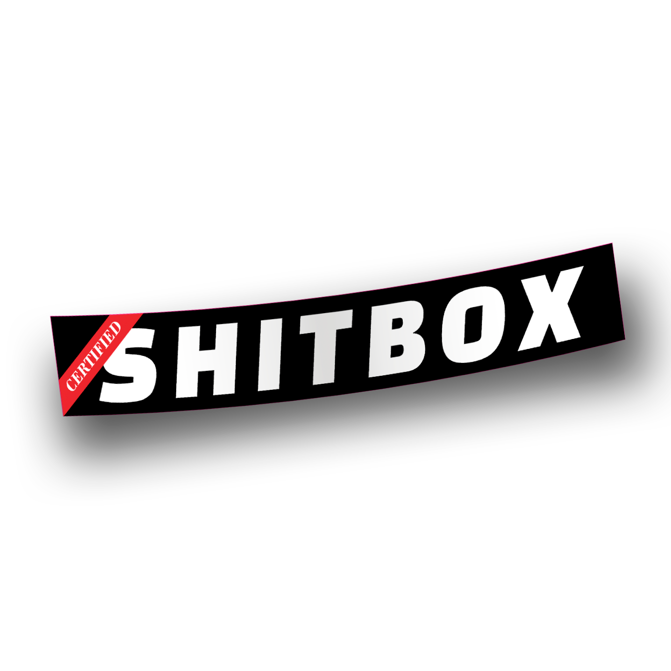A black, red, and white vinyl sticker with the word 'SHITBOX' written in bold letters.