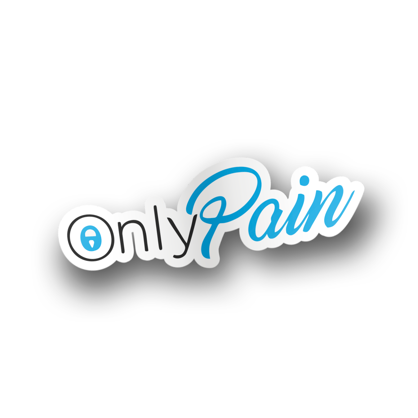 A blue and white vinyl sticker with the text 'only pain' designed in a stylized font.