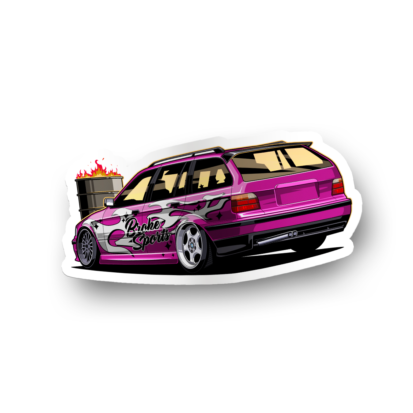 Sticker of a pink car with flames on a white background