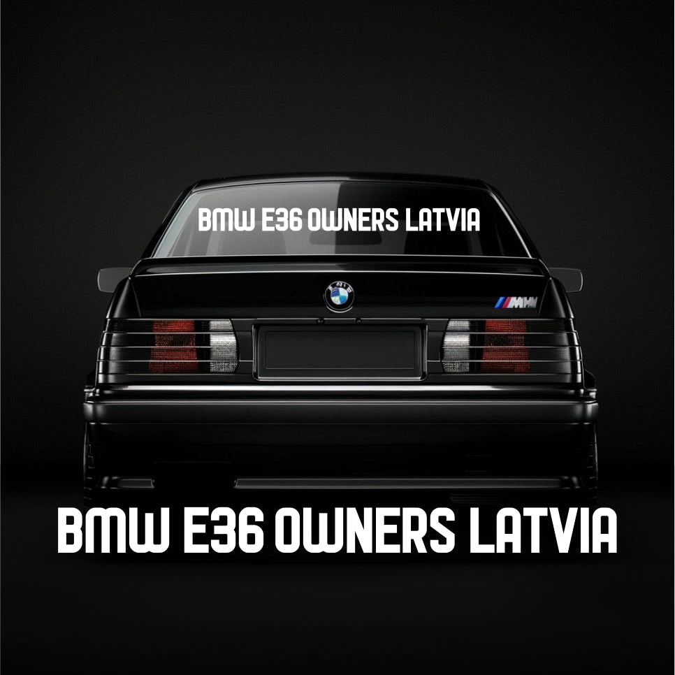 BMW E36 car with 'BMW E36 Owners Latvia' text on a black background