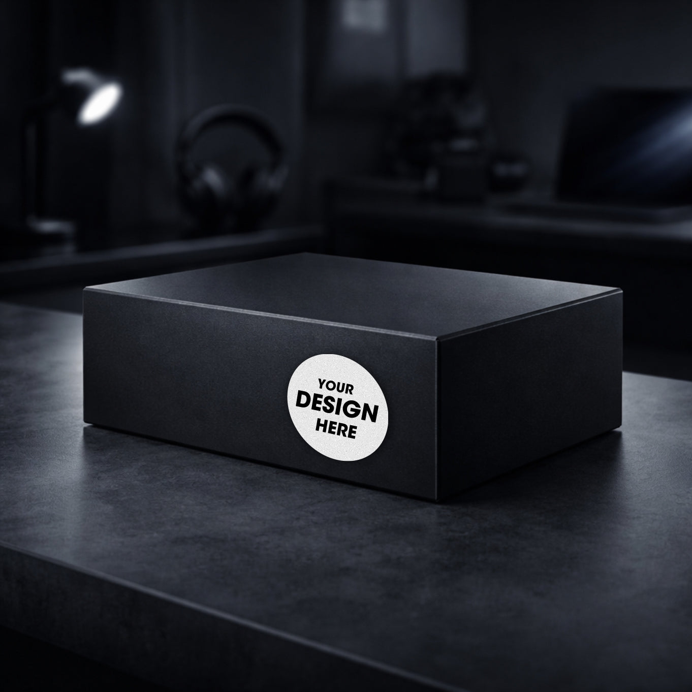 Black box with a customizable label on a dark surface