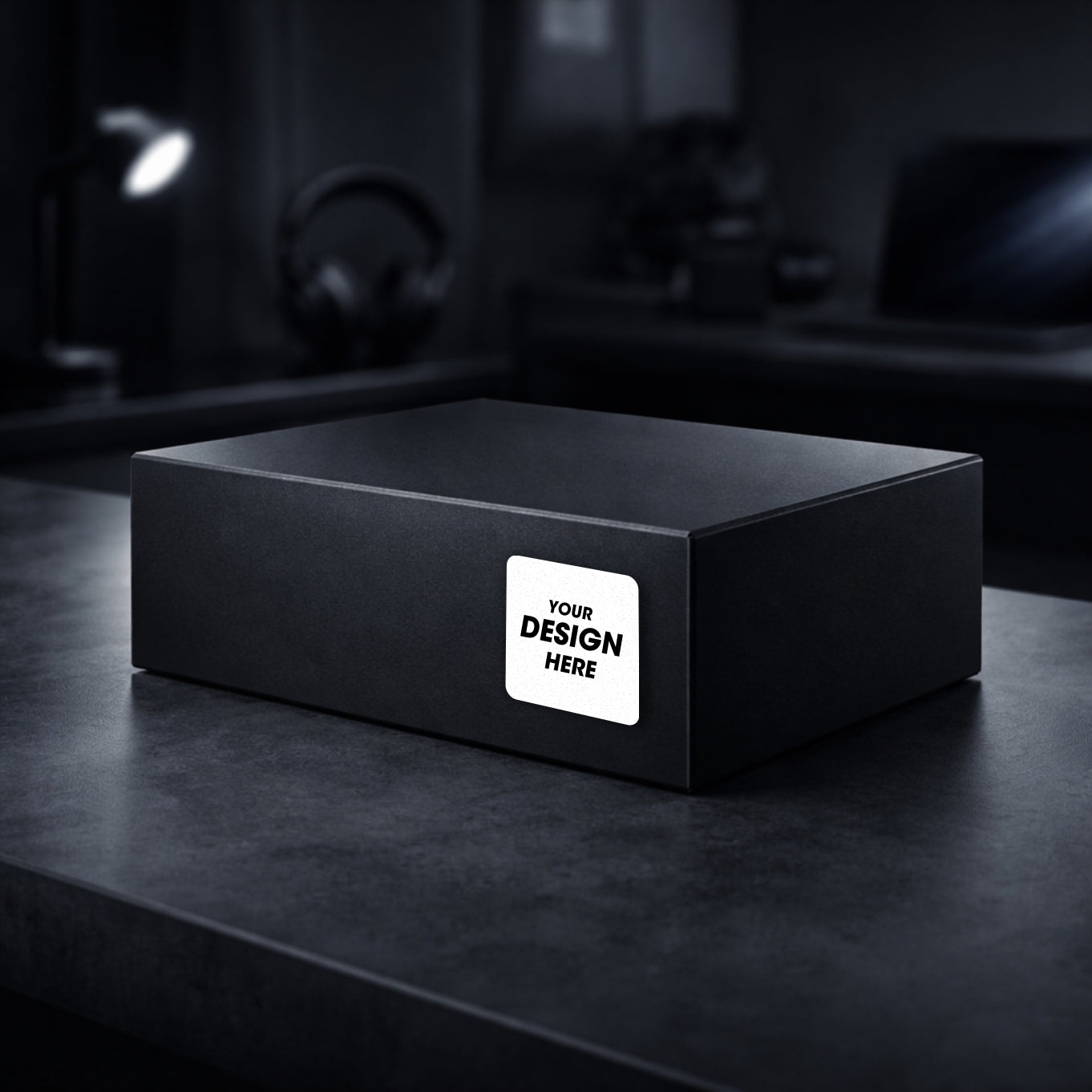 Black box with a white label on a dark surface