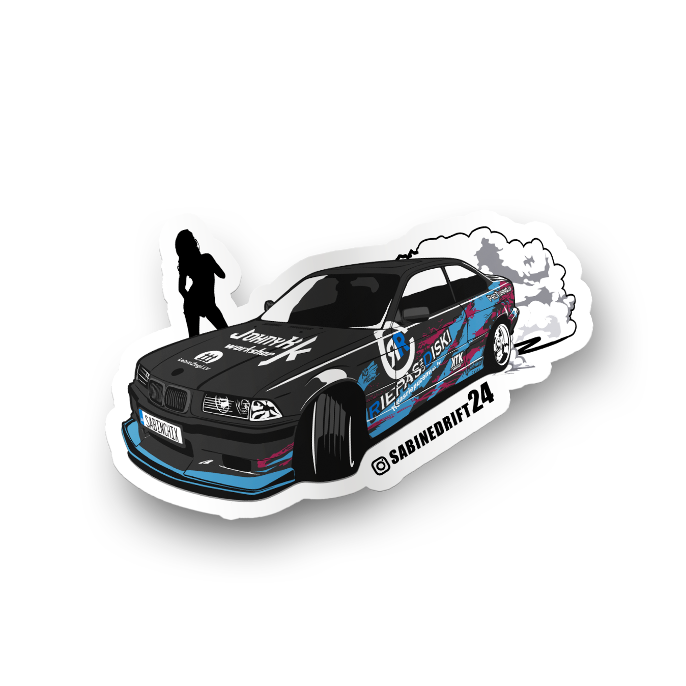 Sticker of a car with branding on a white background