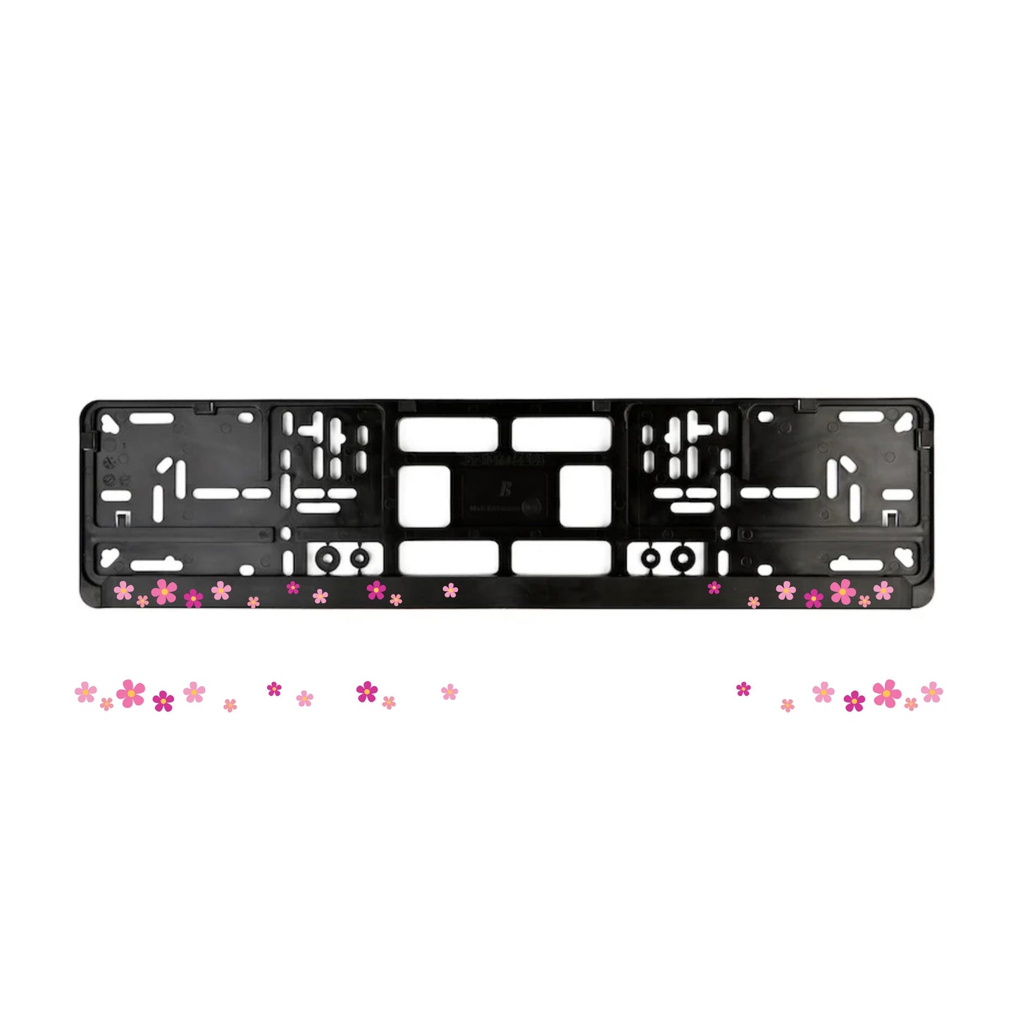 Black European license plate frame with pink floral accents around the border.
