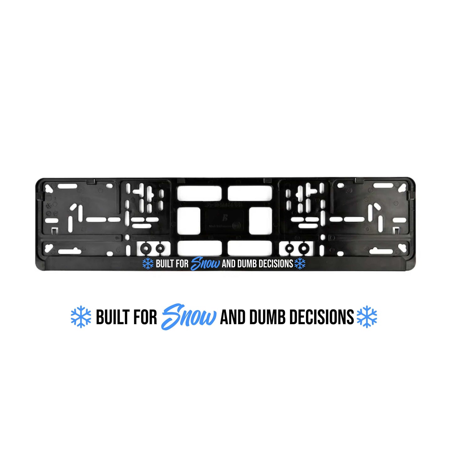 Black license plate frame with text on a white background