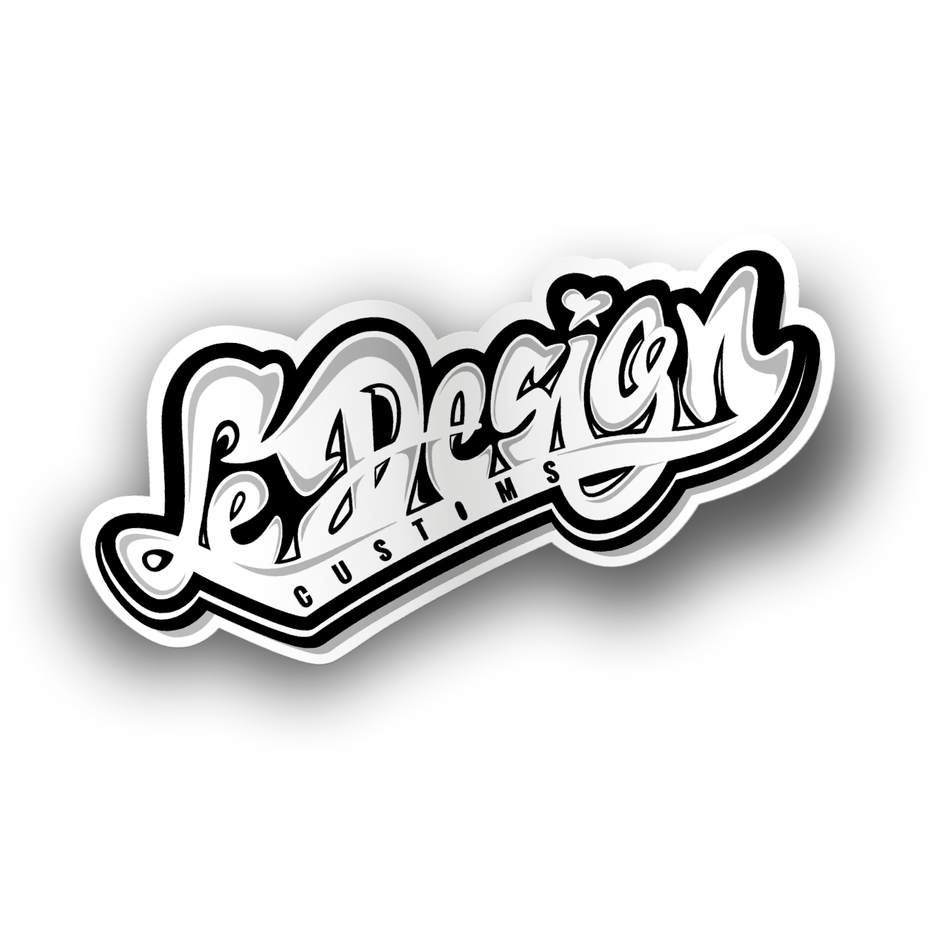 A black, white, and gray vinyl sticker with the text 'Le Design Customs' in a stylized font.