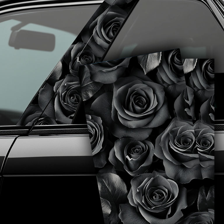A car door pillar decal featuring a black rose design, applied on the pillar of a vehicle's door.