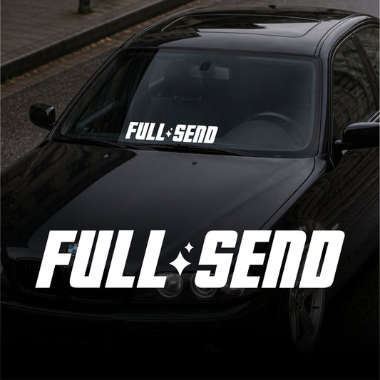 Black car with 'FULL SEND' decal on the windshield and hood
