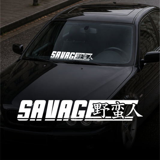 Black car with 'SAVAGE' decal on a dark background