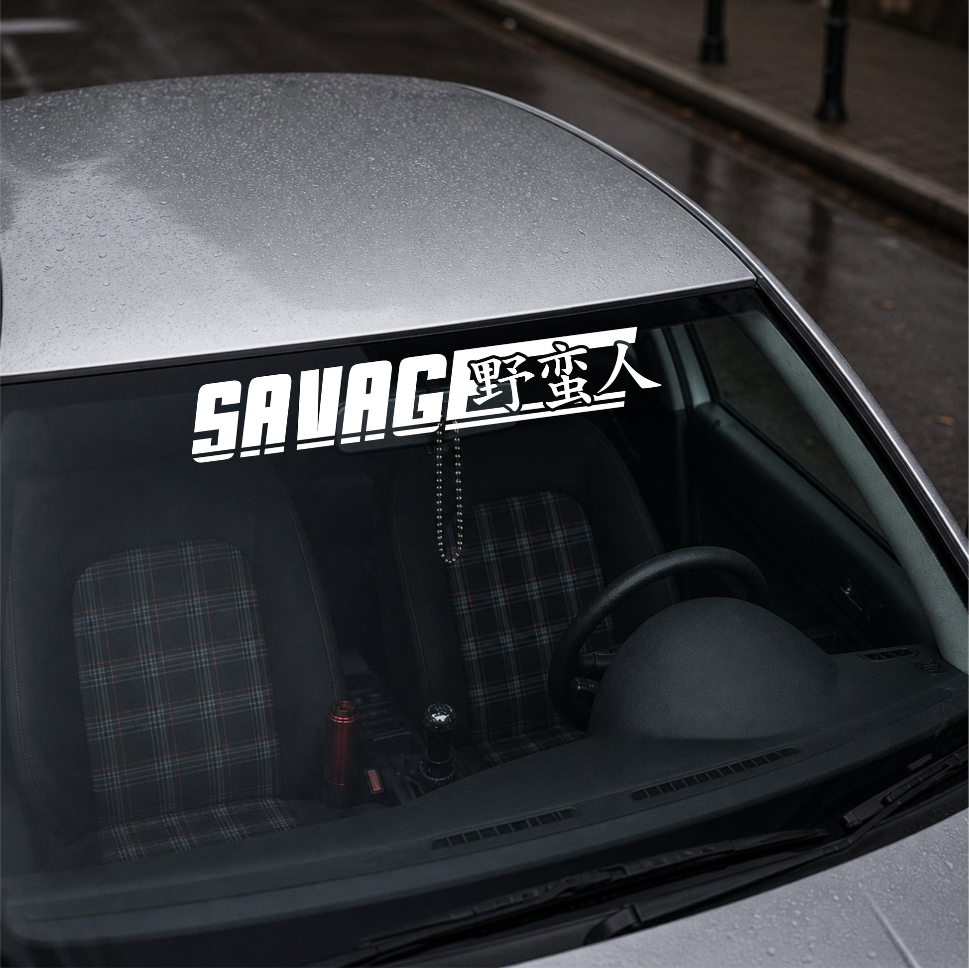 Car window with a 'SAVAGE' decal on a gray car interior.