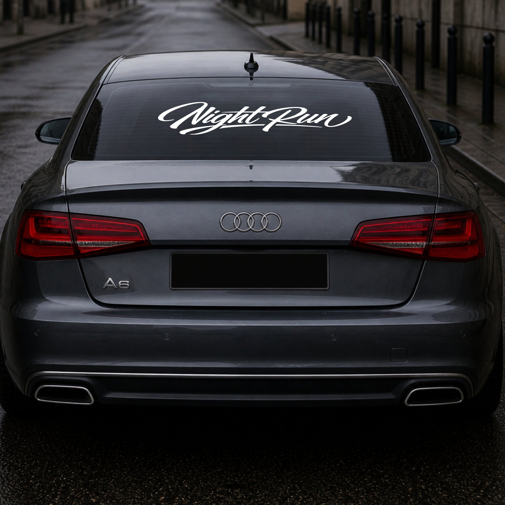 night run banner visible through windshield on car street build styling