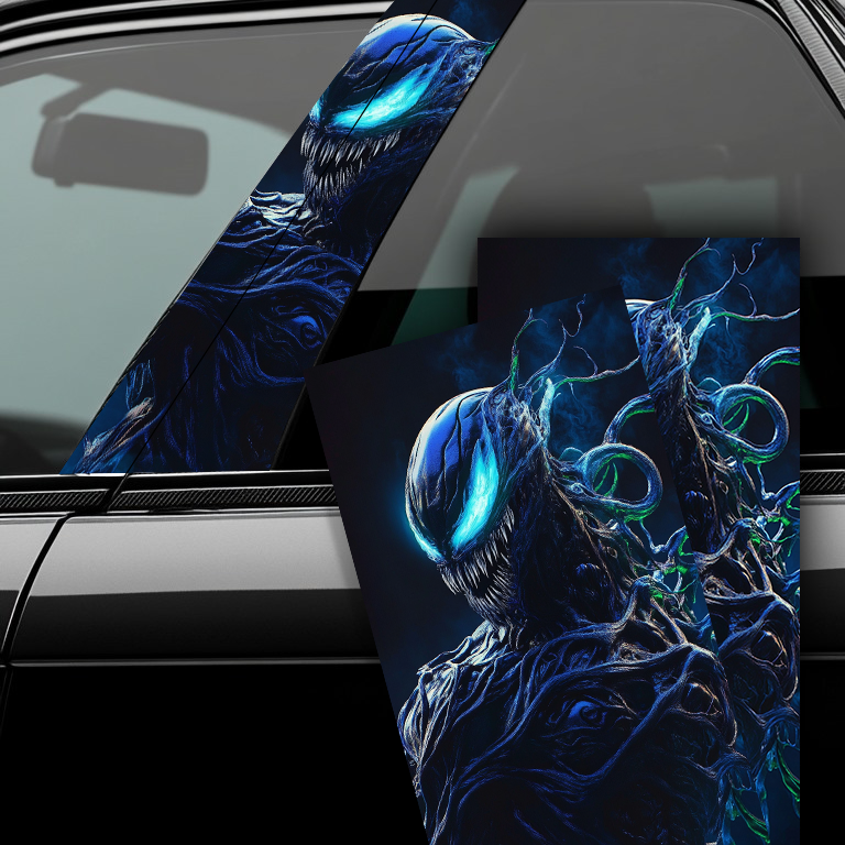 A vinyl decal with a blue and black design, featuring a stylized venom character, applied to the pillar between the windshield and the front door of a car.
