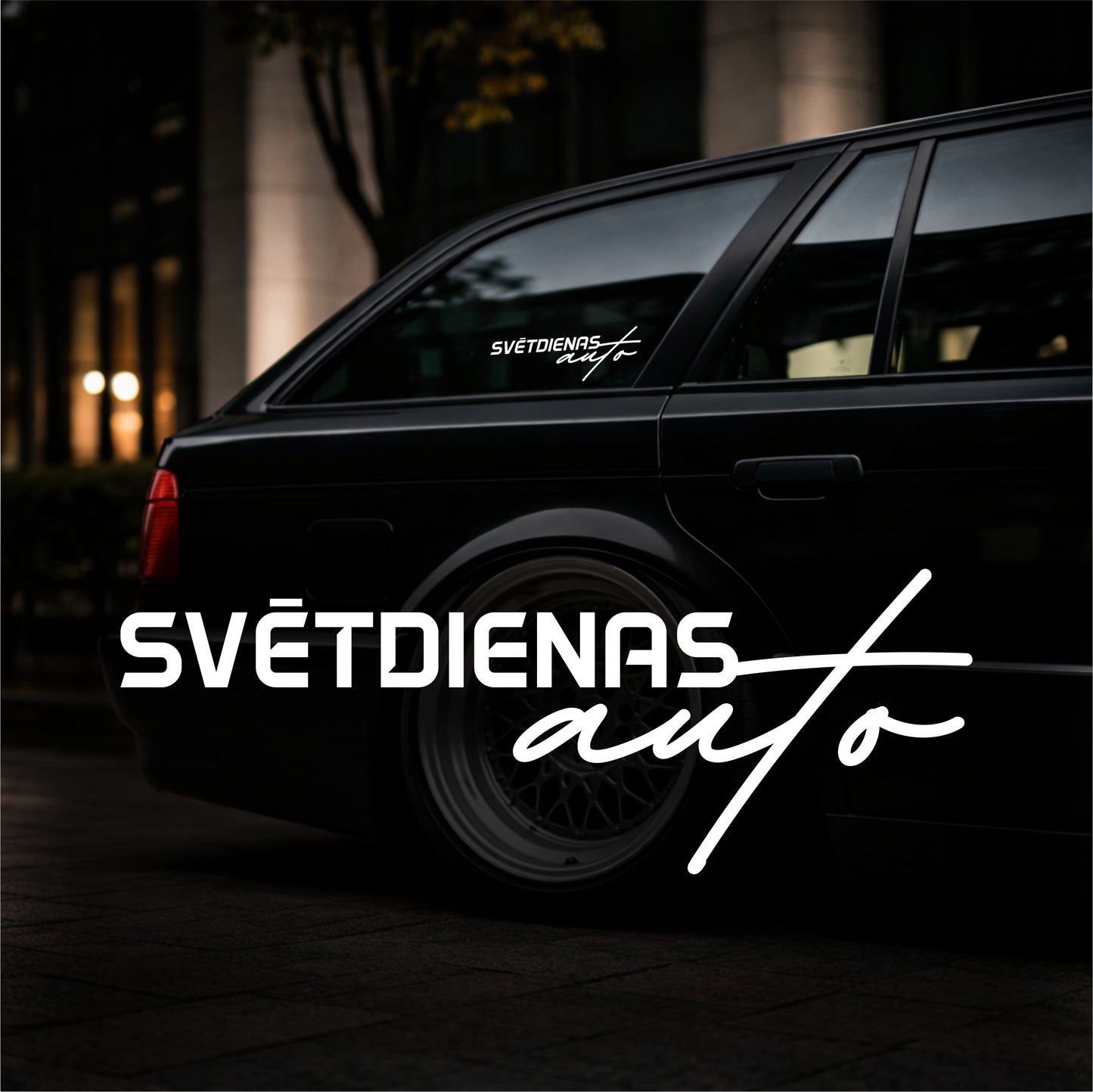 Black car with 'SVéTDIENAS auto' branding on a dark background