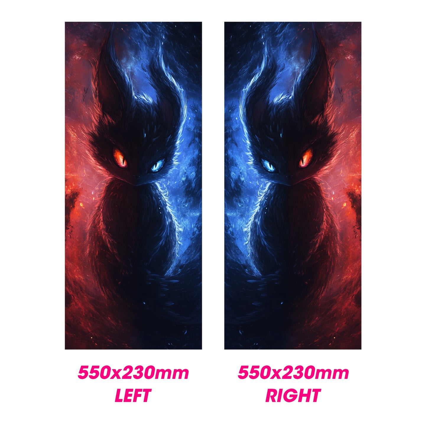 Two panels of a cat with fiery eyes in red and blue, labeled 'LEFT' and 'RIGHT'.