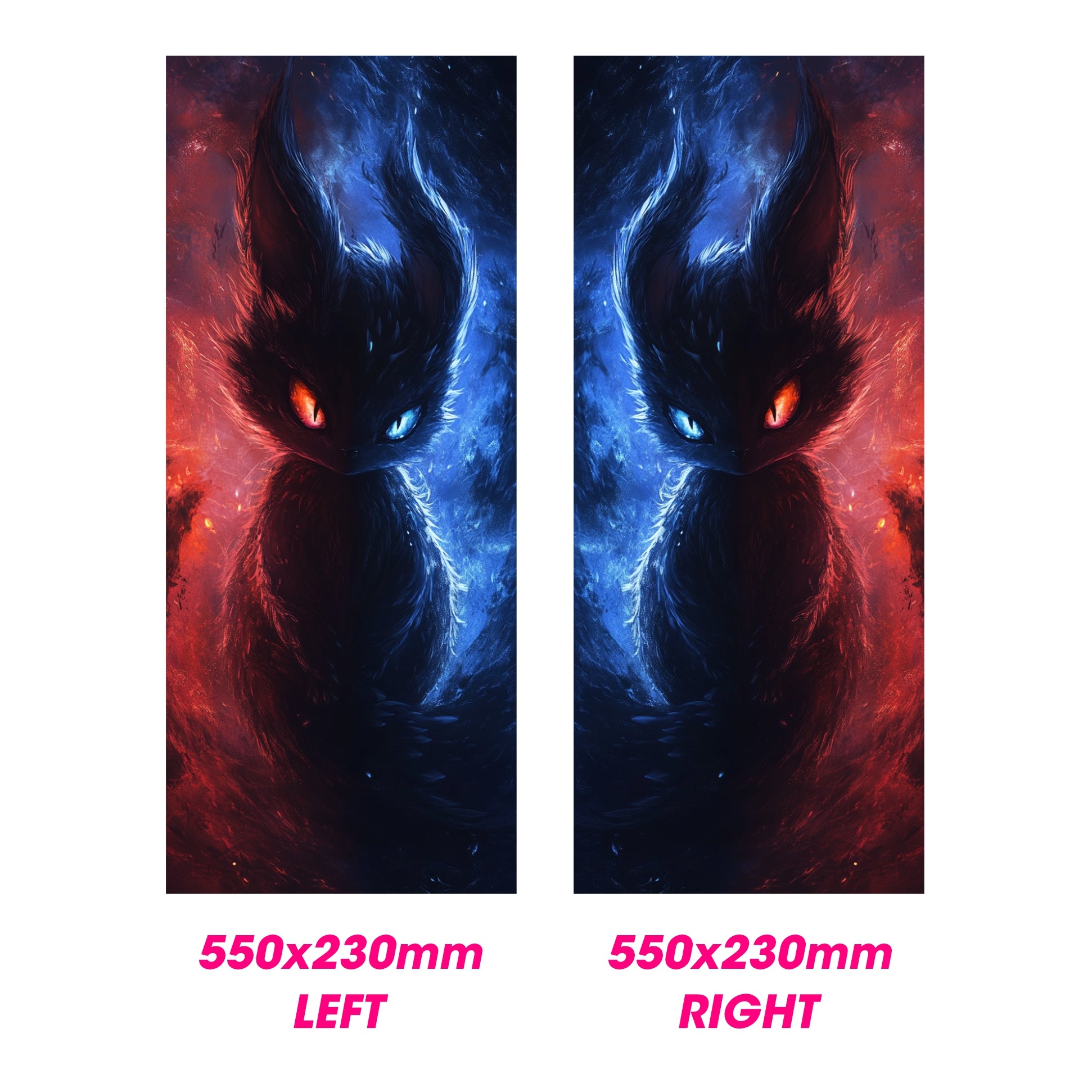 Two panels of a cat with fiery eyes in red and blue, labeled 'LEFT' and 'RIGHT'.