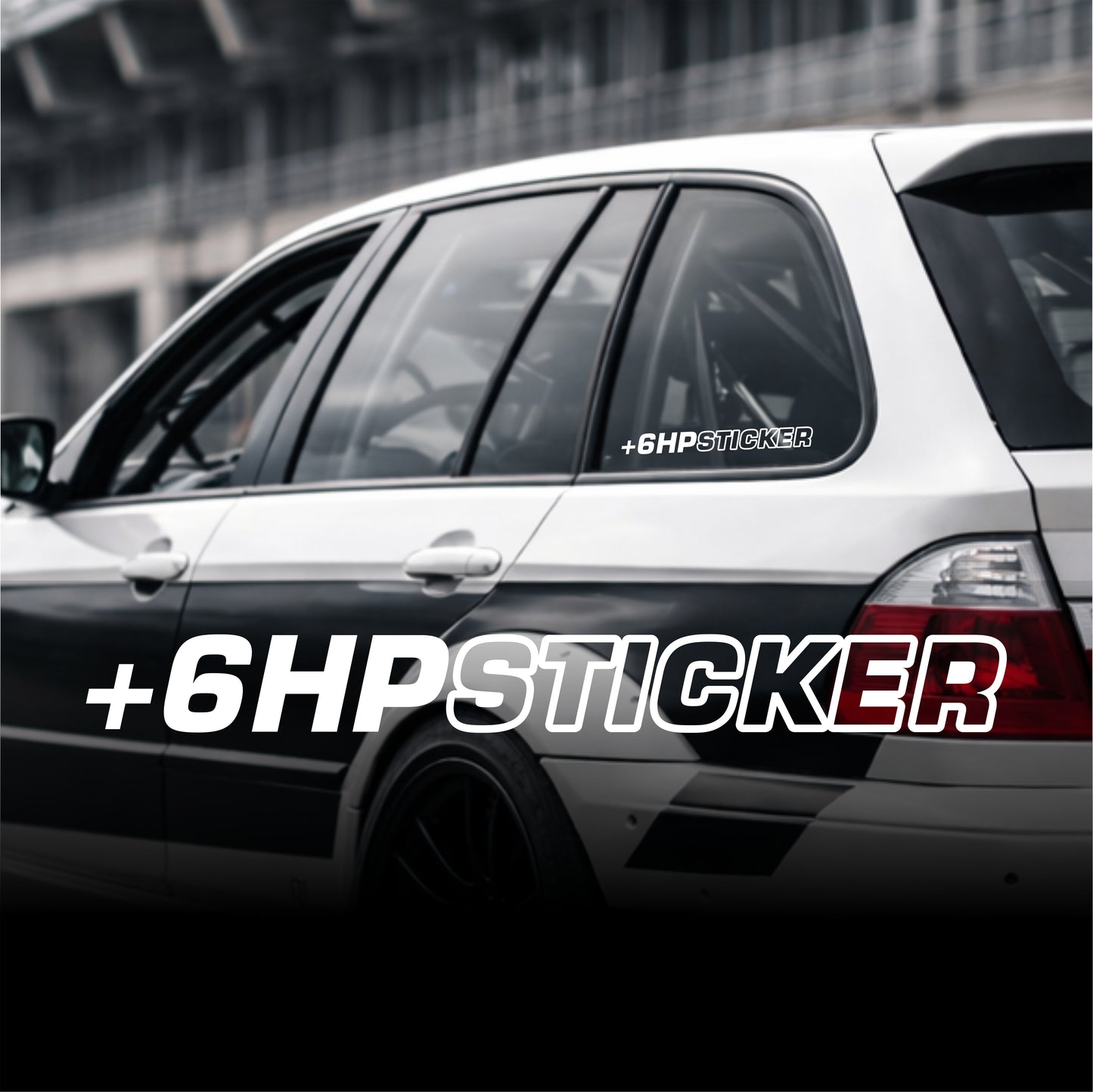 Car with +6HPSticker decal on a blurred background