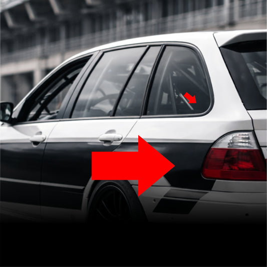 Car with a red arrow pointing to a small object on the window, blurred background