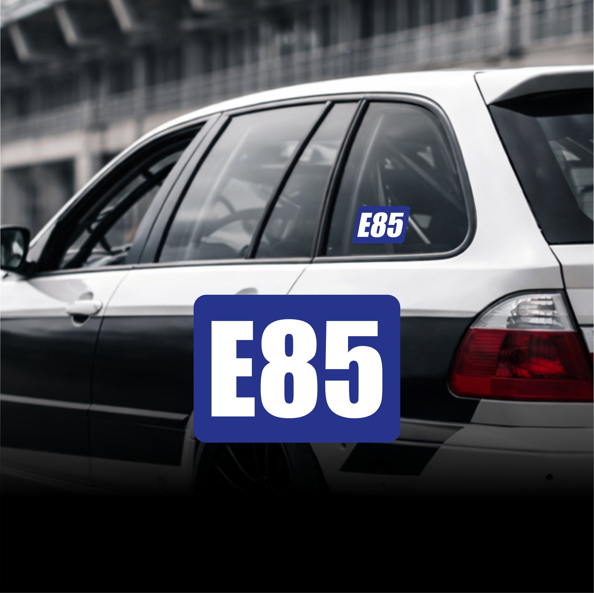 Car with E85 decal on a blurred background
