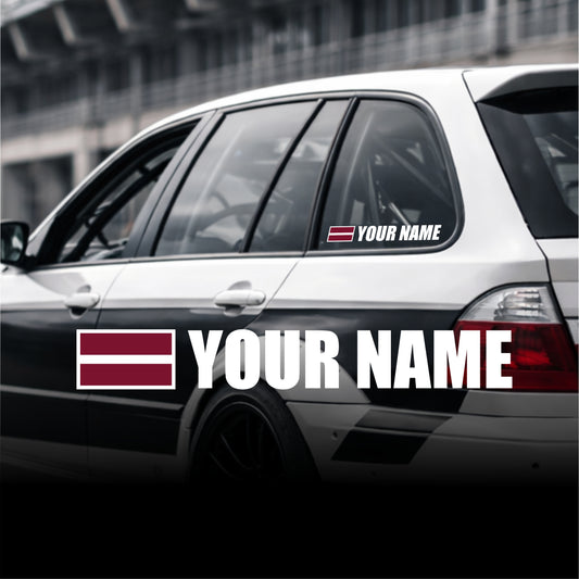 Car with customizable name decals on a blurred background