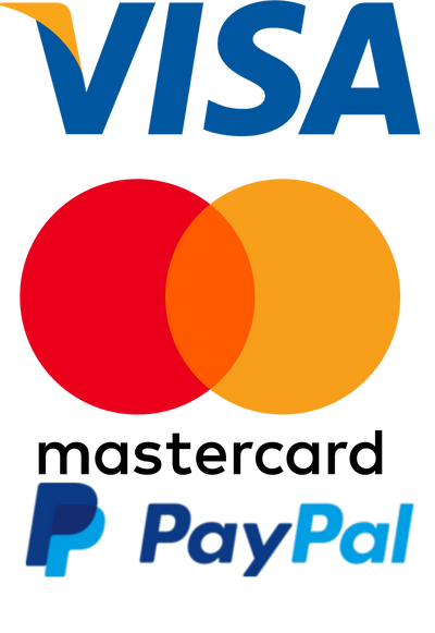 Logos of Visa, Mastercard, and PayPal on a white background