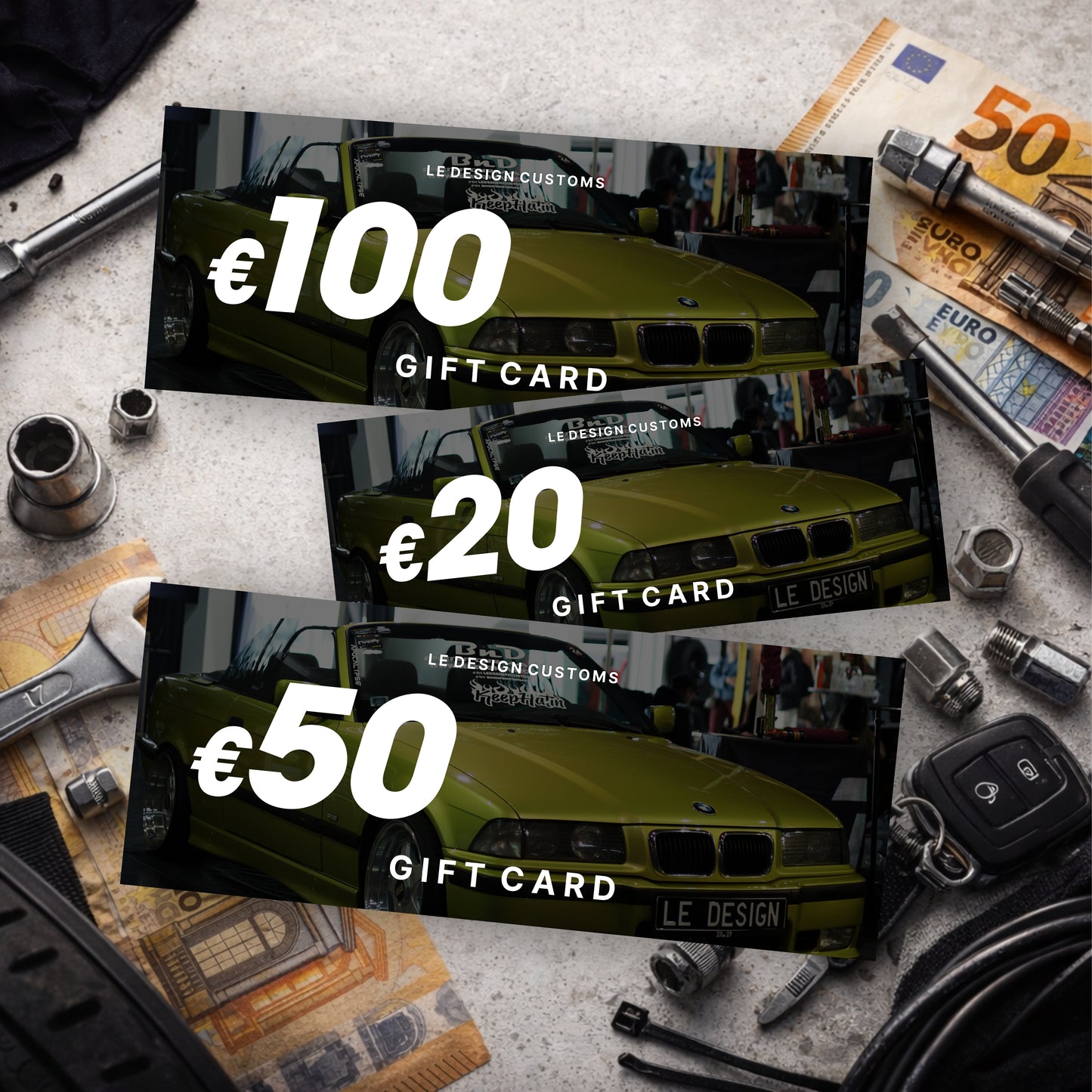 Le Design Customs digital gift card for EU automotive store with €100, €20 and €50 denominations displayed