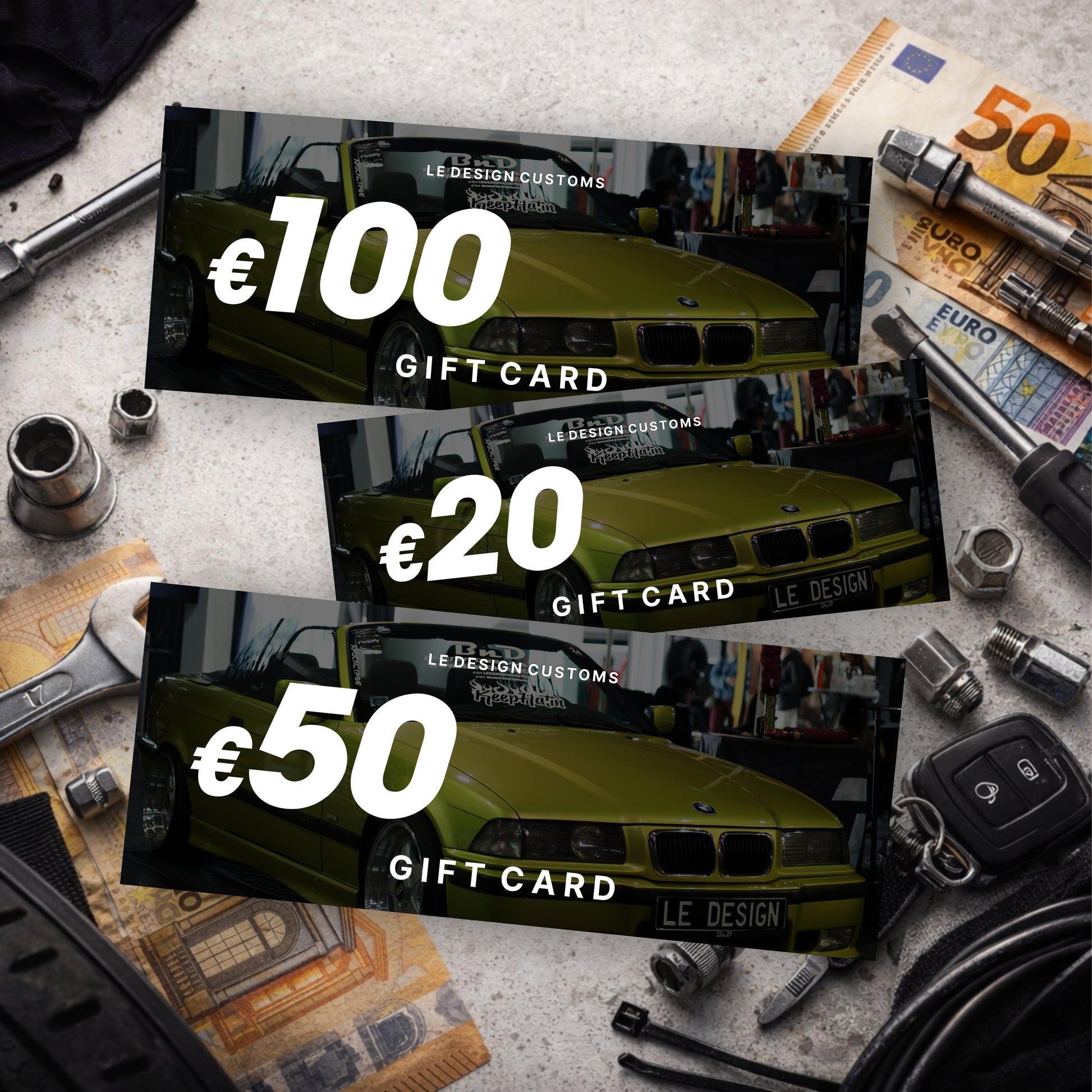 Le Design Customs digital gift card for EU automotive store with €100, €20 and €50 denominations displayed
