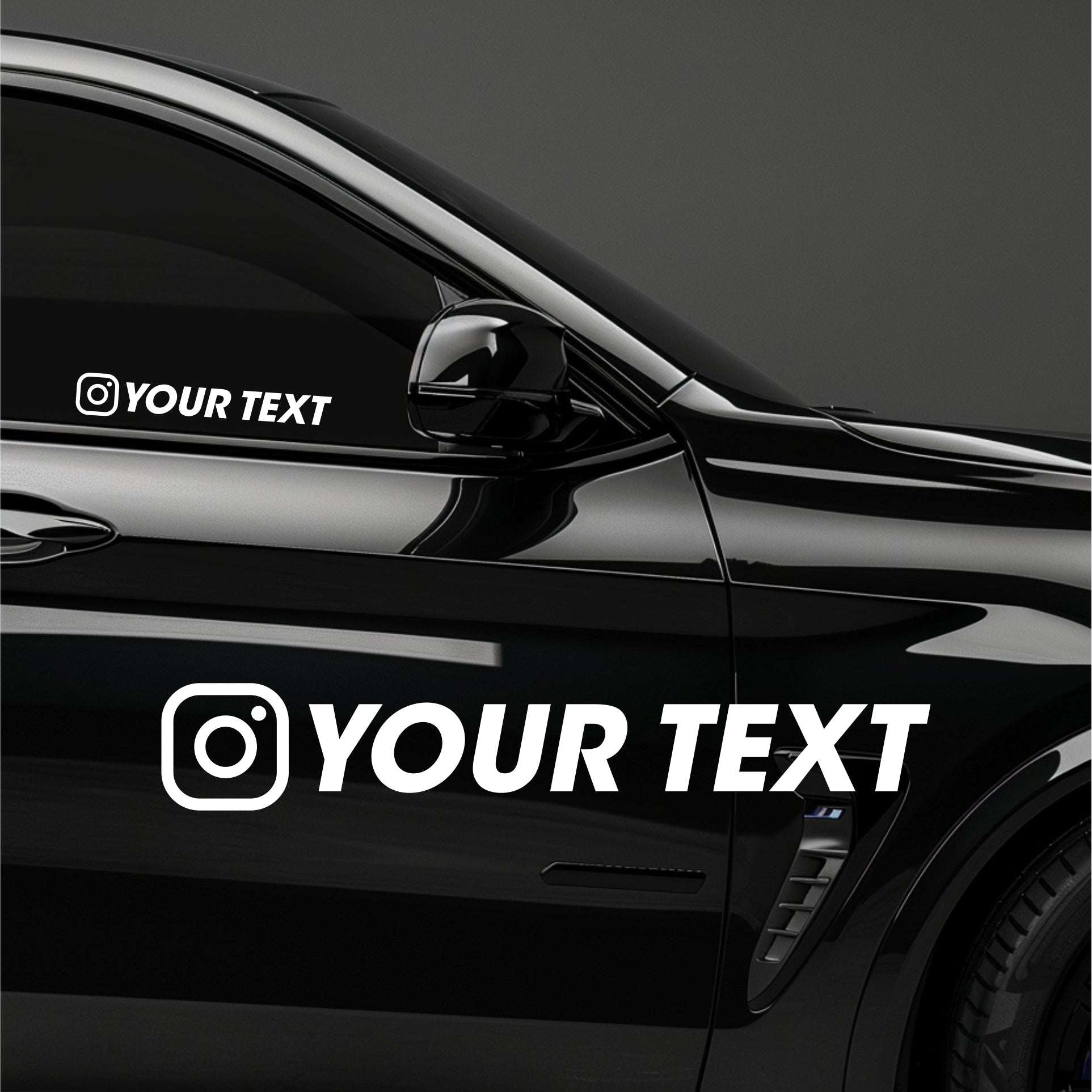 Black car with Instagram logo and 'Your Text' decal on a dark background