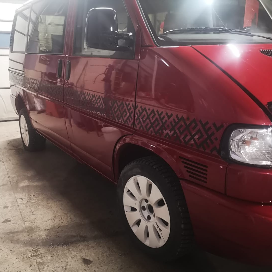 Red van parked inside a garage with visible Huawei camera branding.