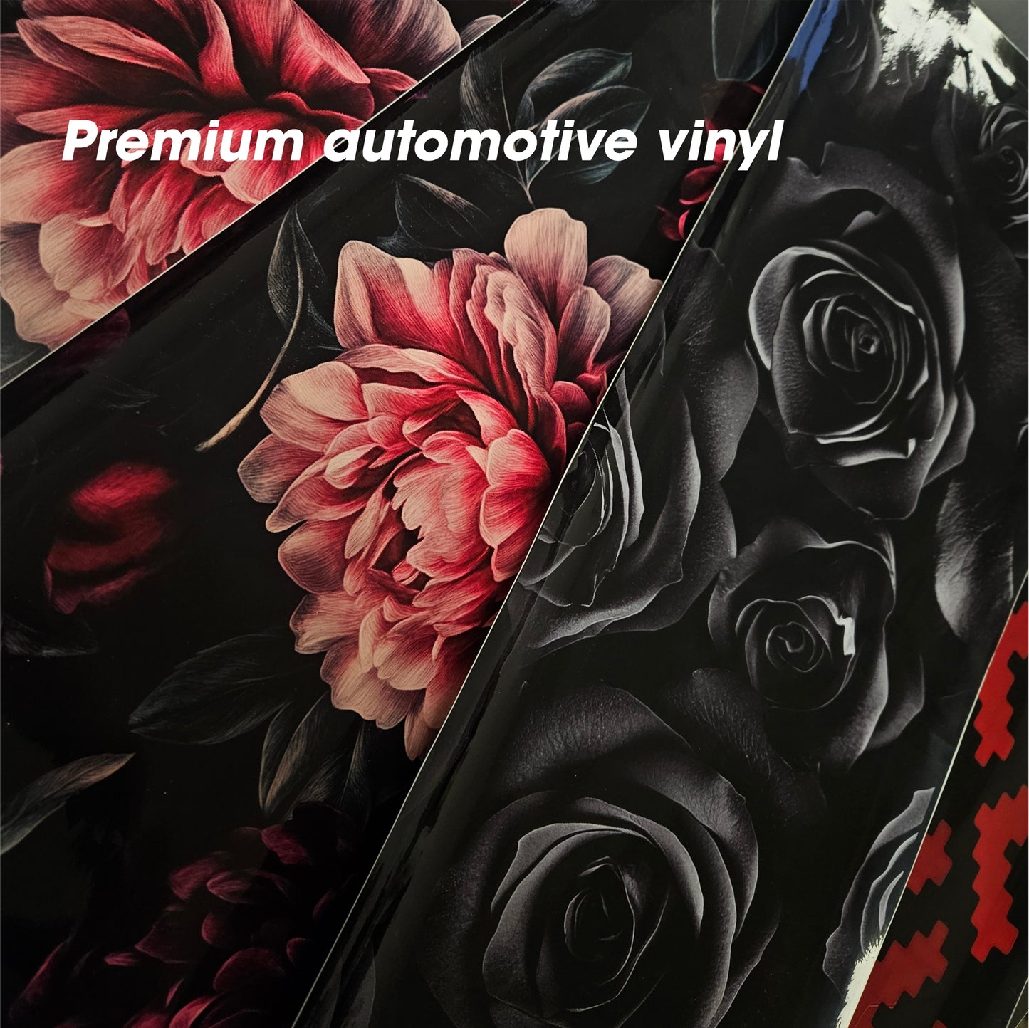 Floral design with red flowers and black roses on premium automotive vinyl.