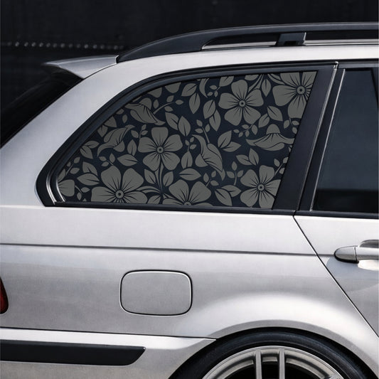 Car window with floral patterned film on a dark background Black Matt SPRING rear side window decal on silver BMW