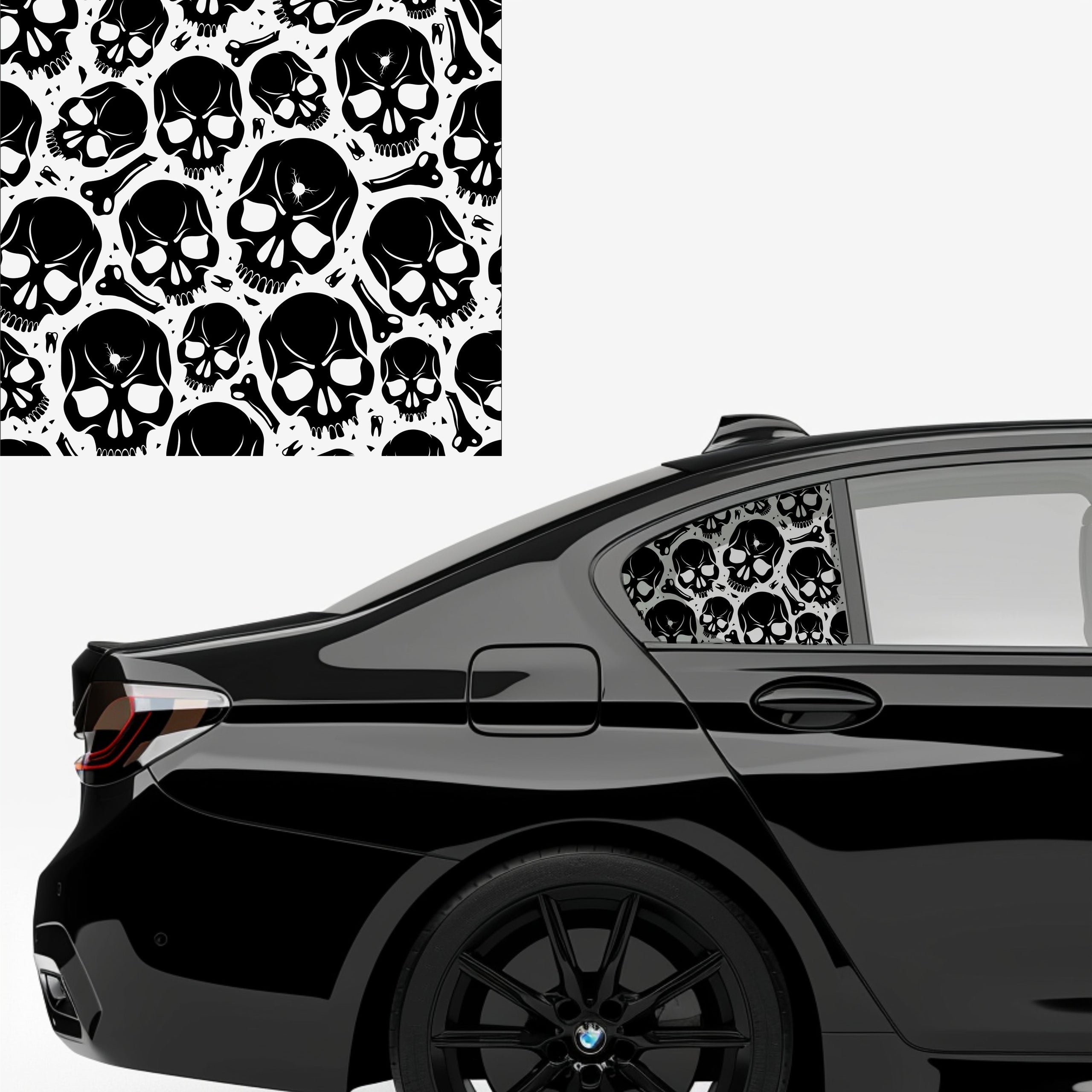 A car with black side windows featuring a matte black skull decal.
