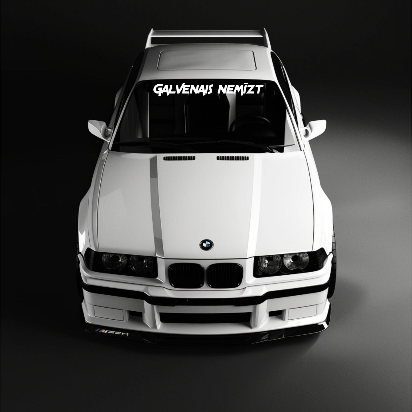 White BMW car with a visible brand logo on a dark background