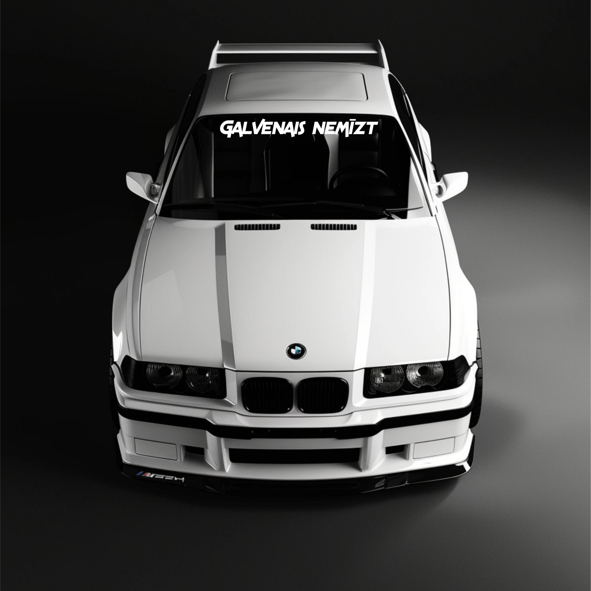 White BMW car with a visible brand logo on a dark background