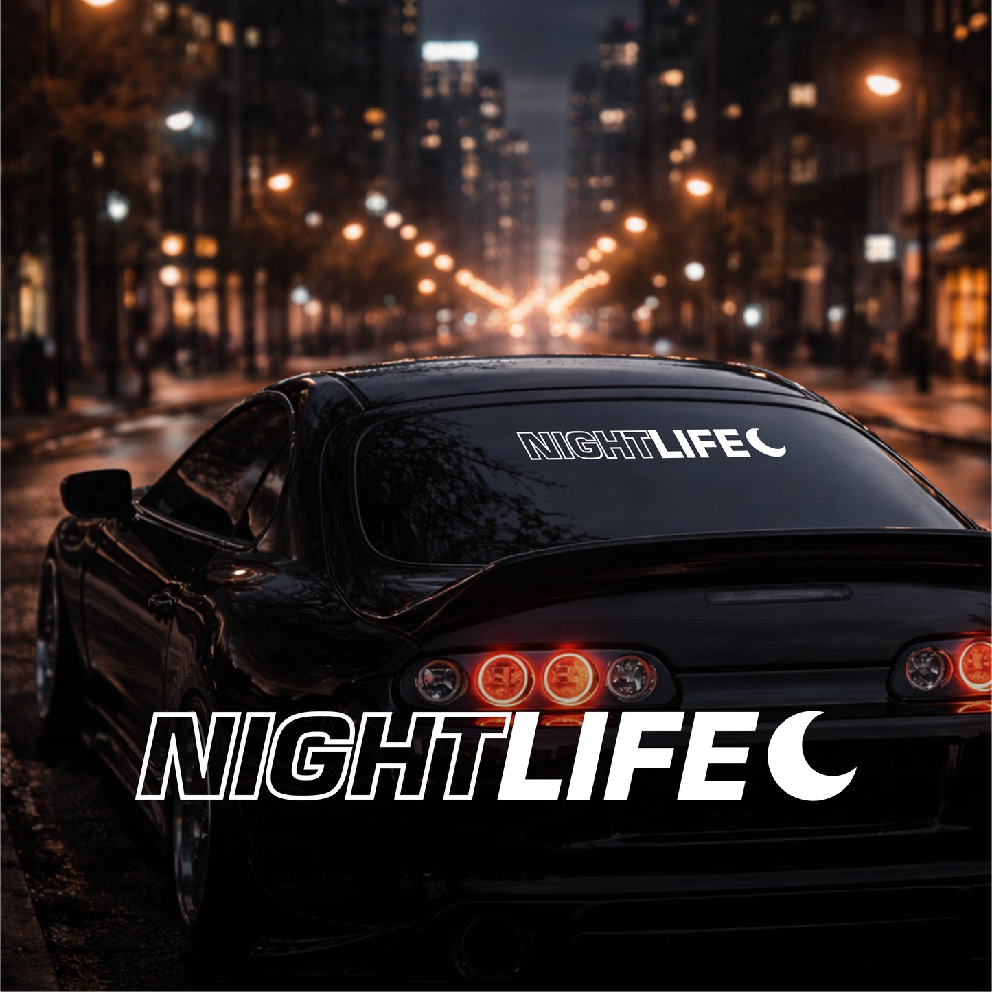 Car with 'NIGHTLIFE' branding on a city street at night.