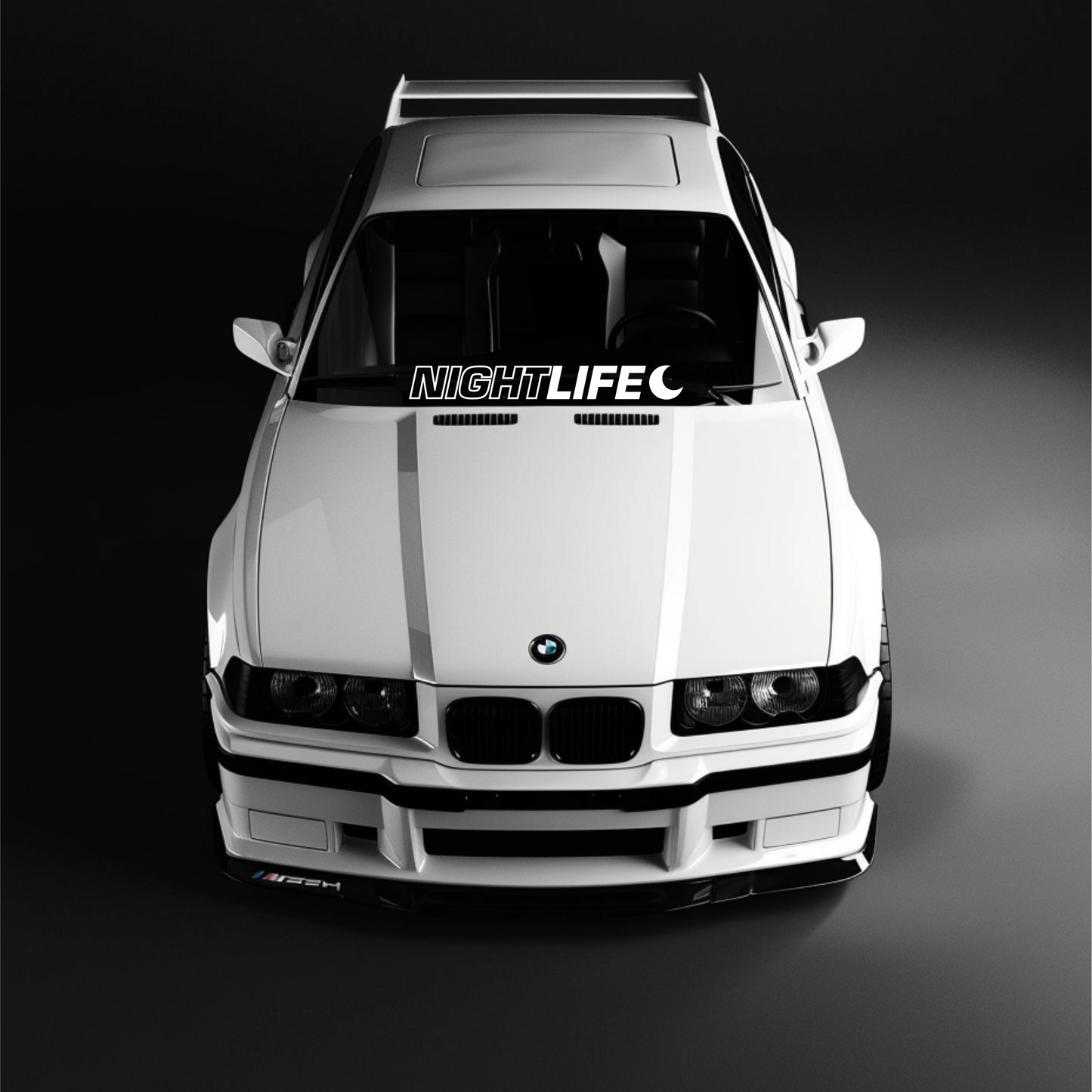 White BMW car with 'NIGHTLIFE' decal on a black background