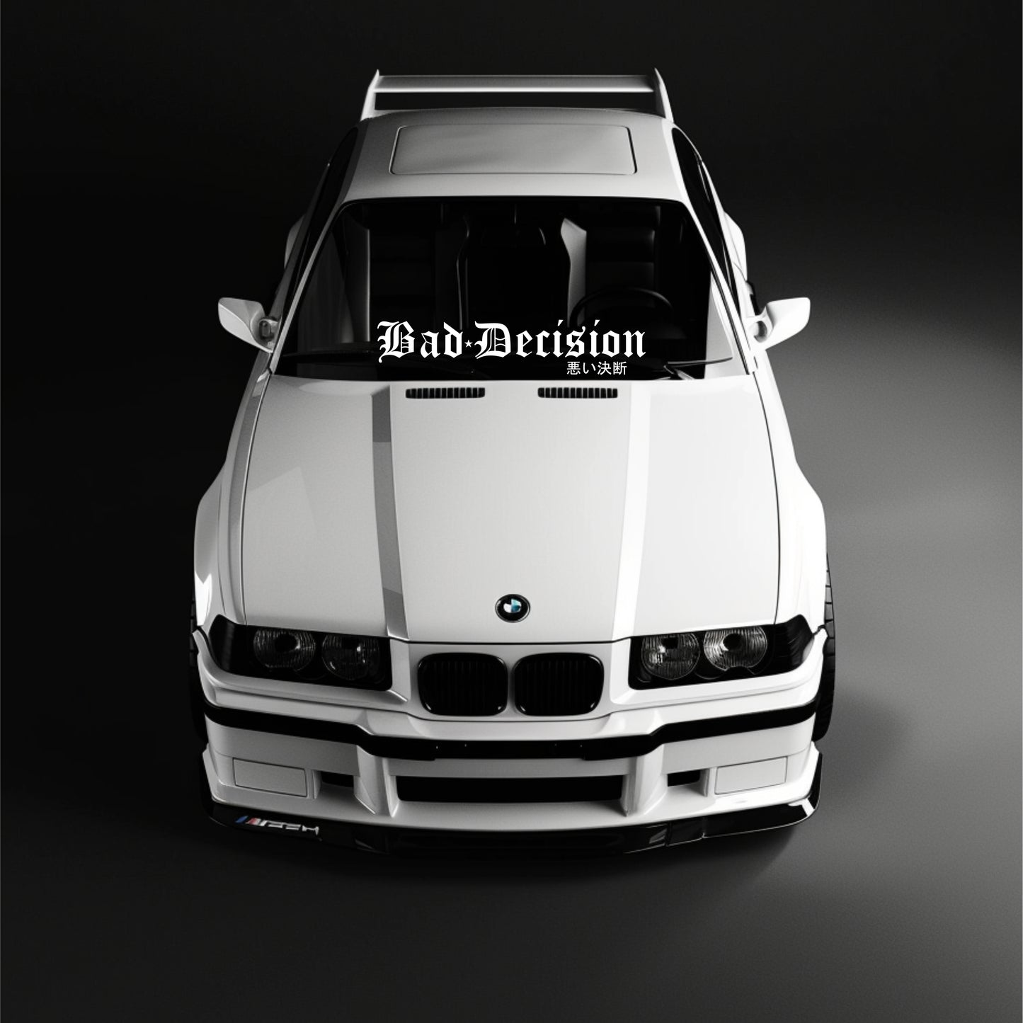 White BMW car with 'Bad Decision' decal on a black background