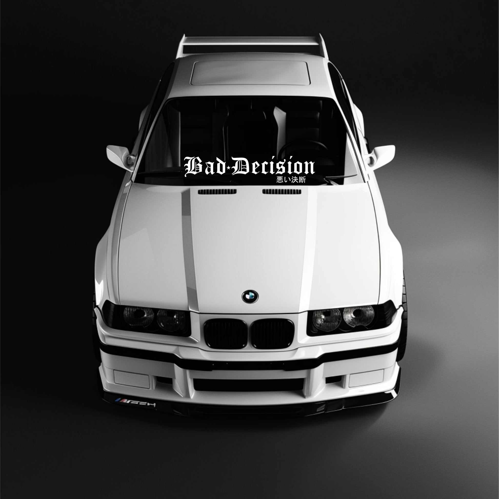 White BMW car with 'Bad Decision' decal on a black background