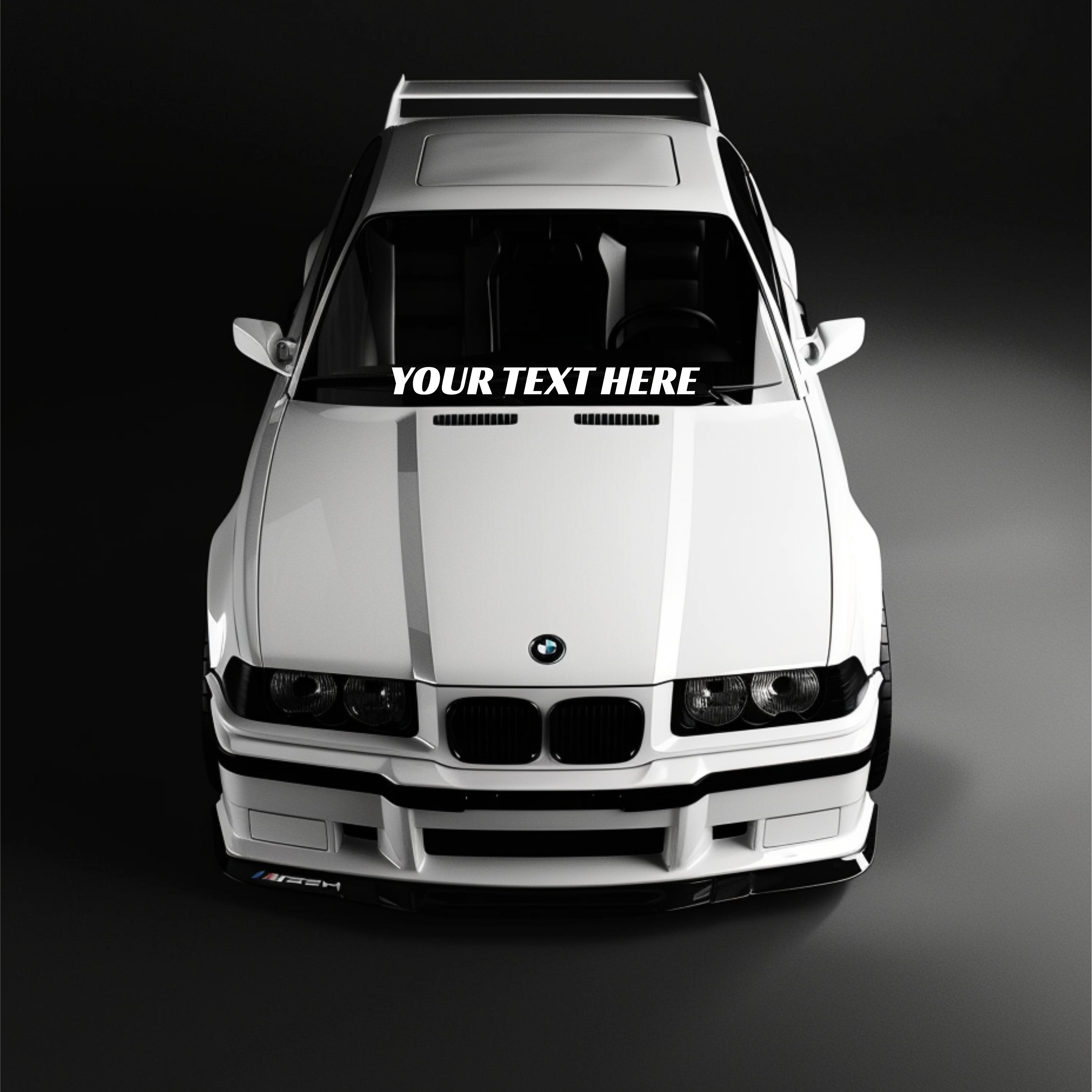 White BMW car with customizable text overlay on a dark background