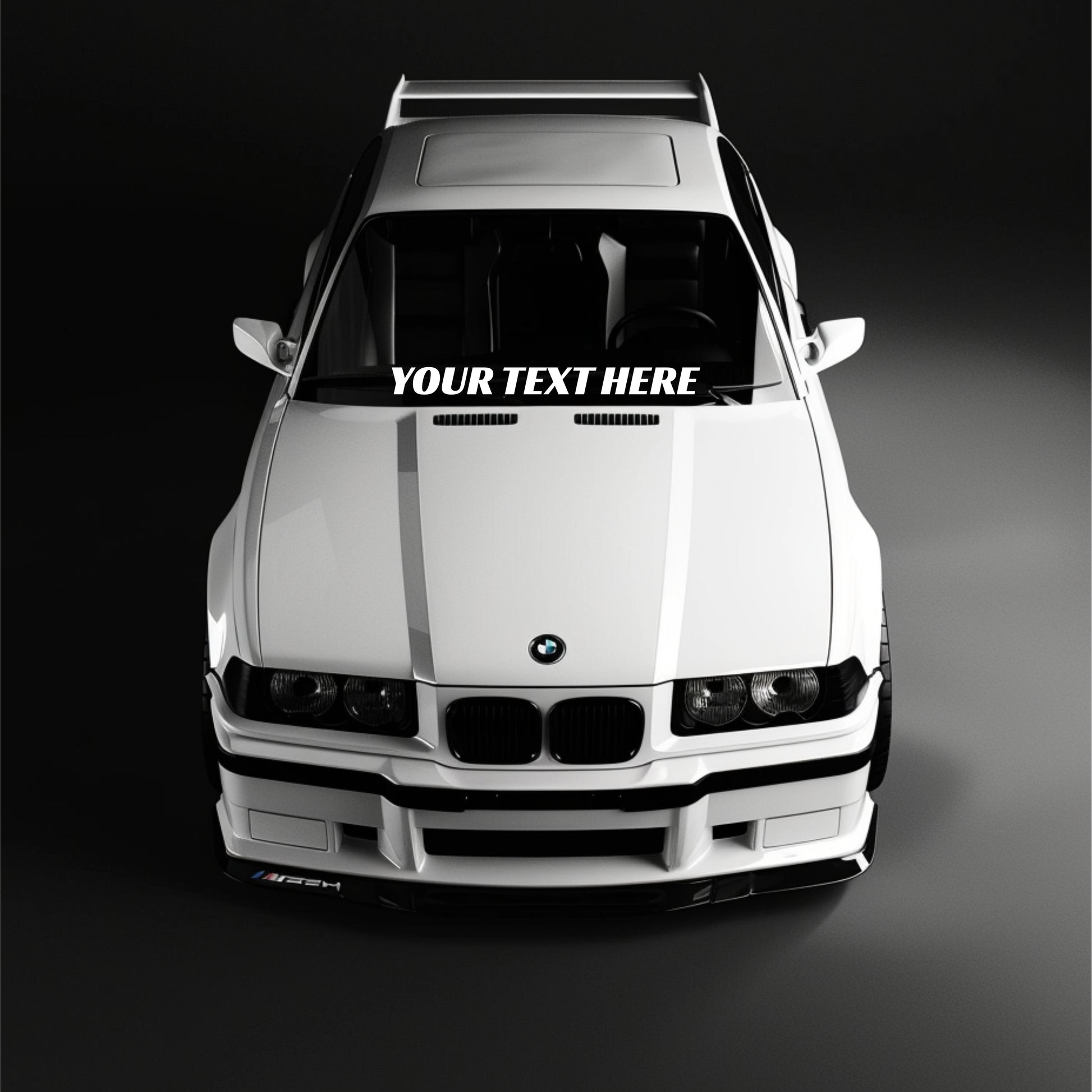 White BMW car with customizable text overlay on a dark background
