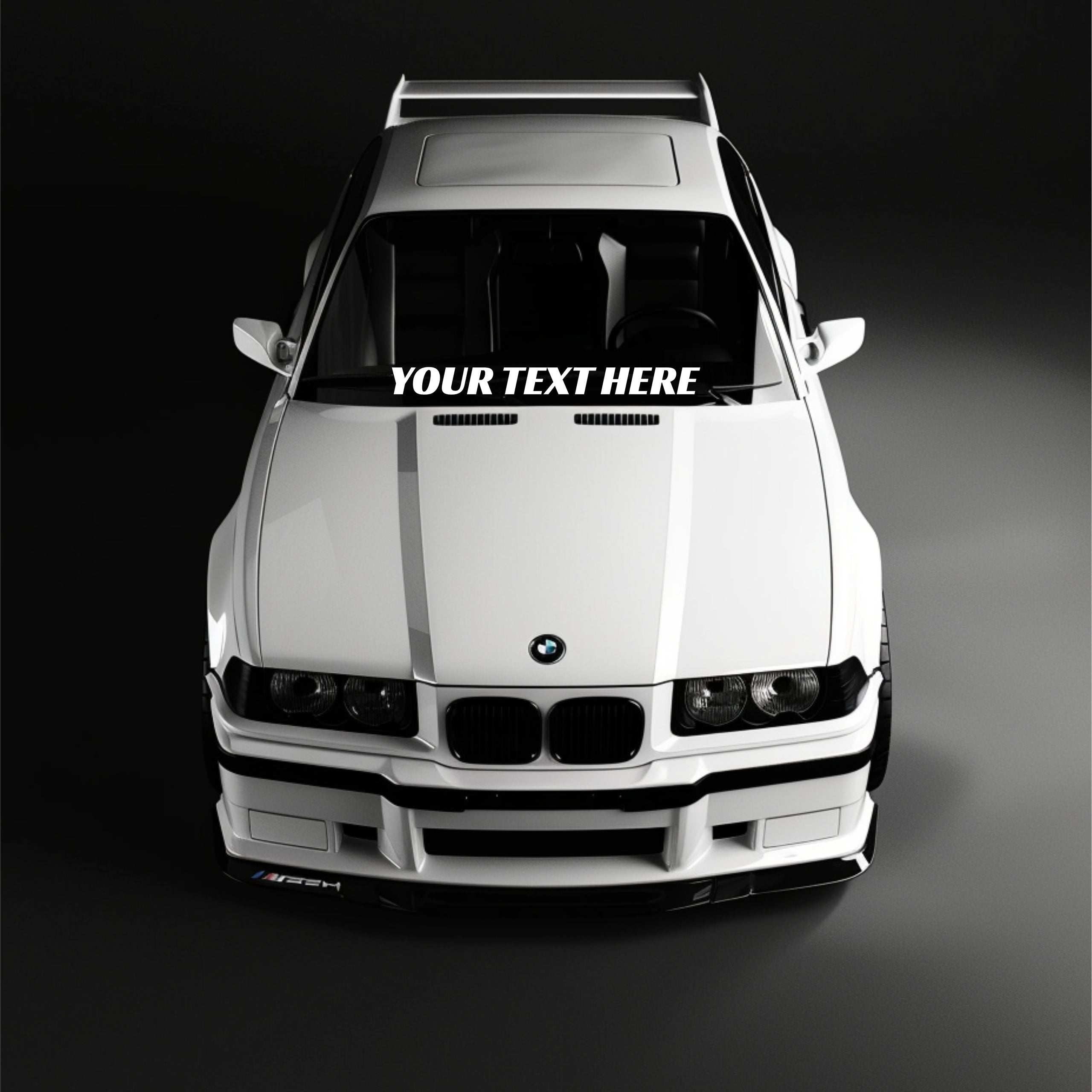 White BMW car with customizable text overlay on a dark background