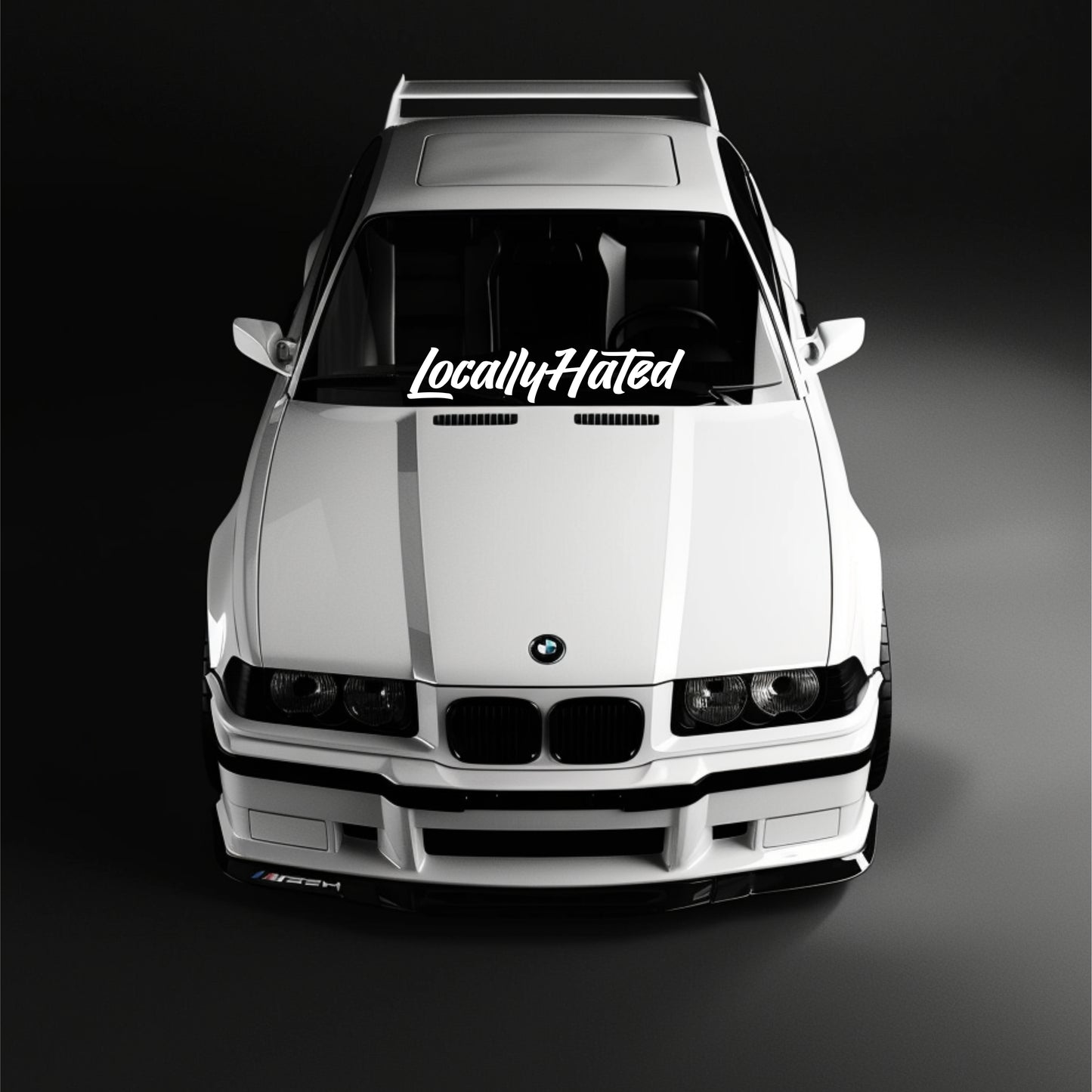 White BMW car with 'LocallyHated' decal on a black background