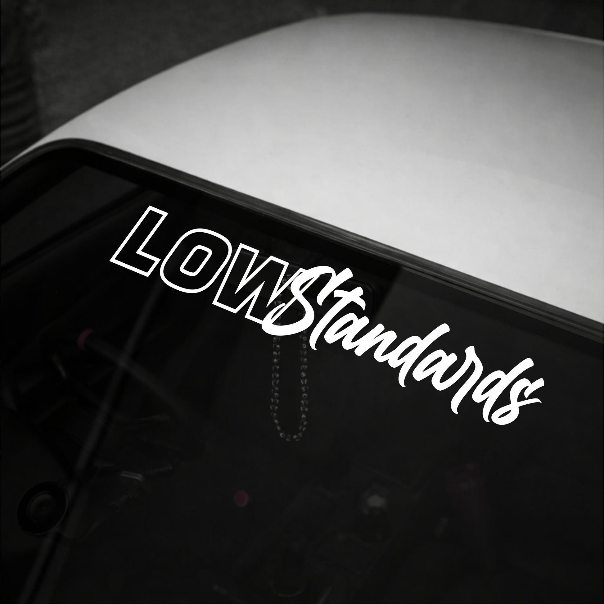 Car window with 'Low Standards' decal on a dark background