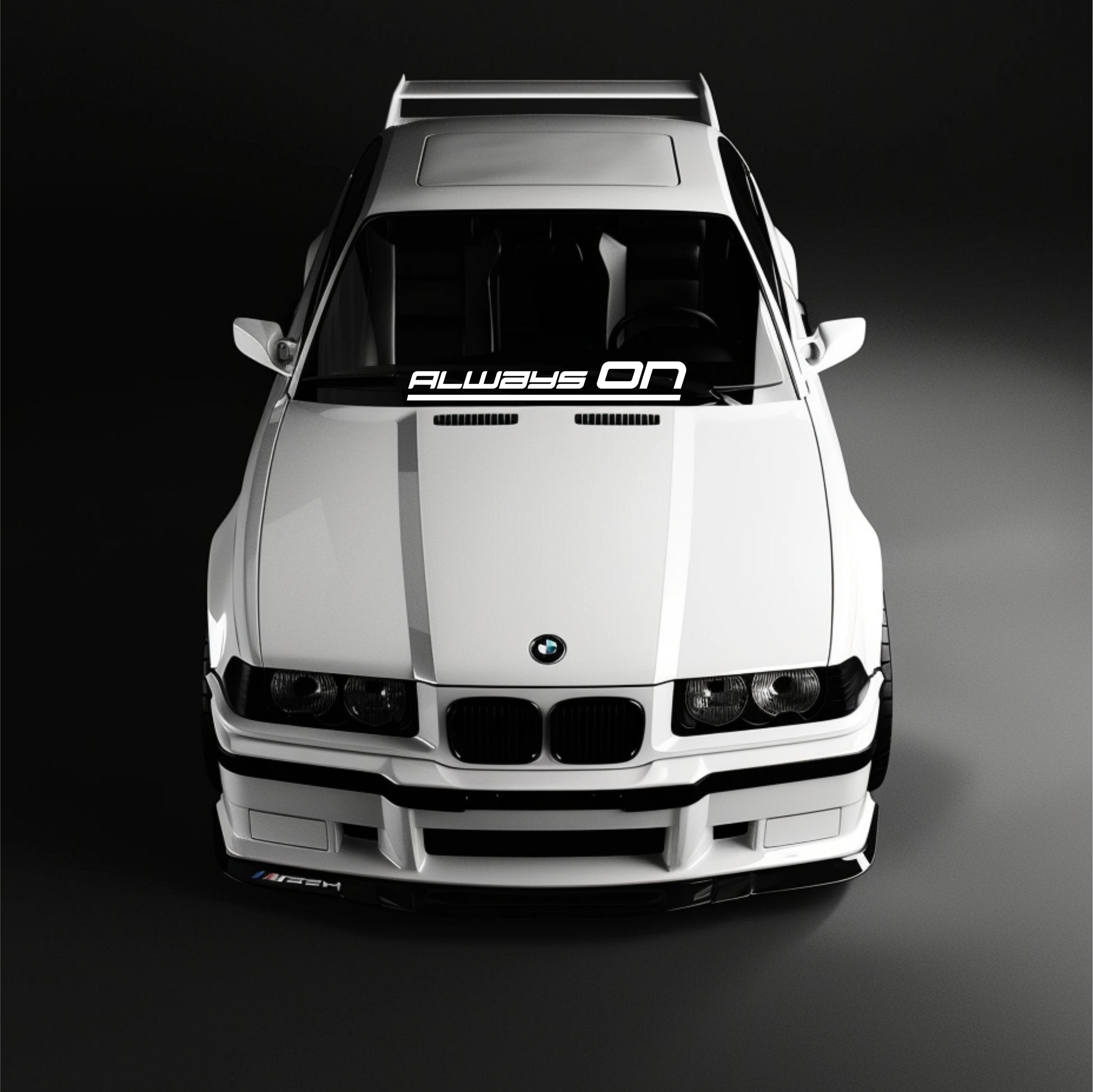 White BMW car with 'Always On' decal on a black background