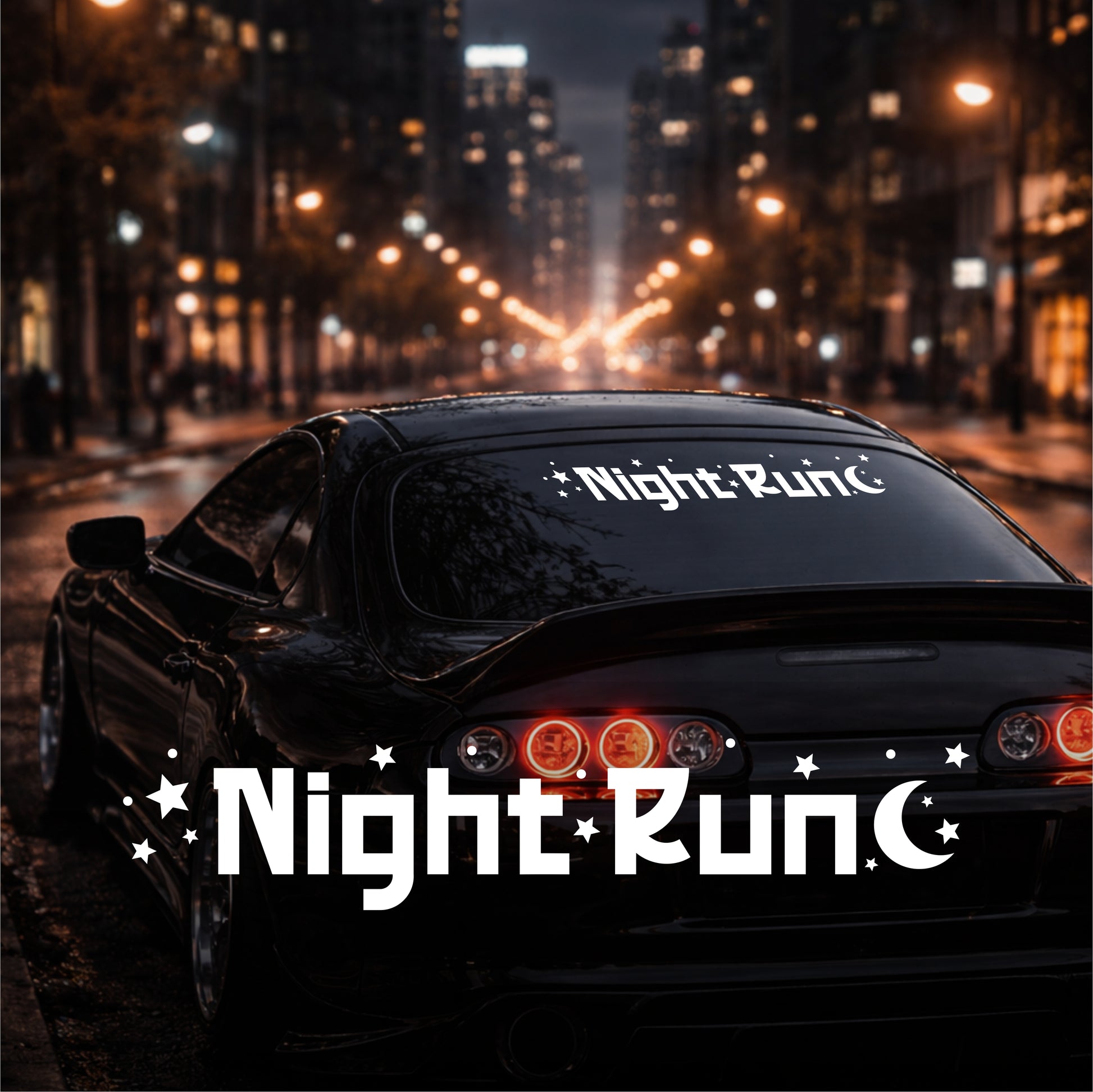 Car with 'Night Run' decal on a city street at night