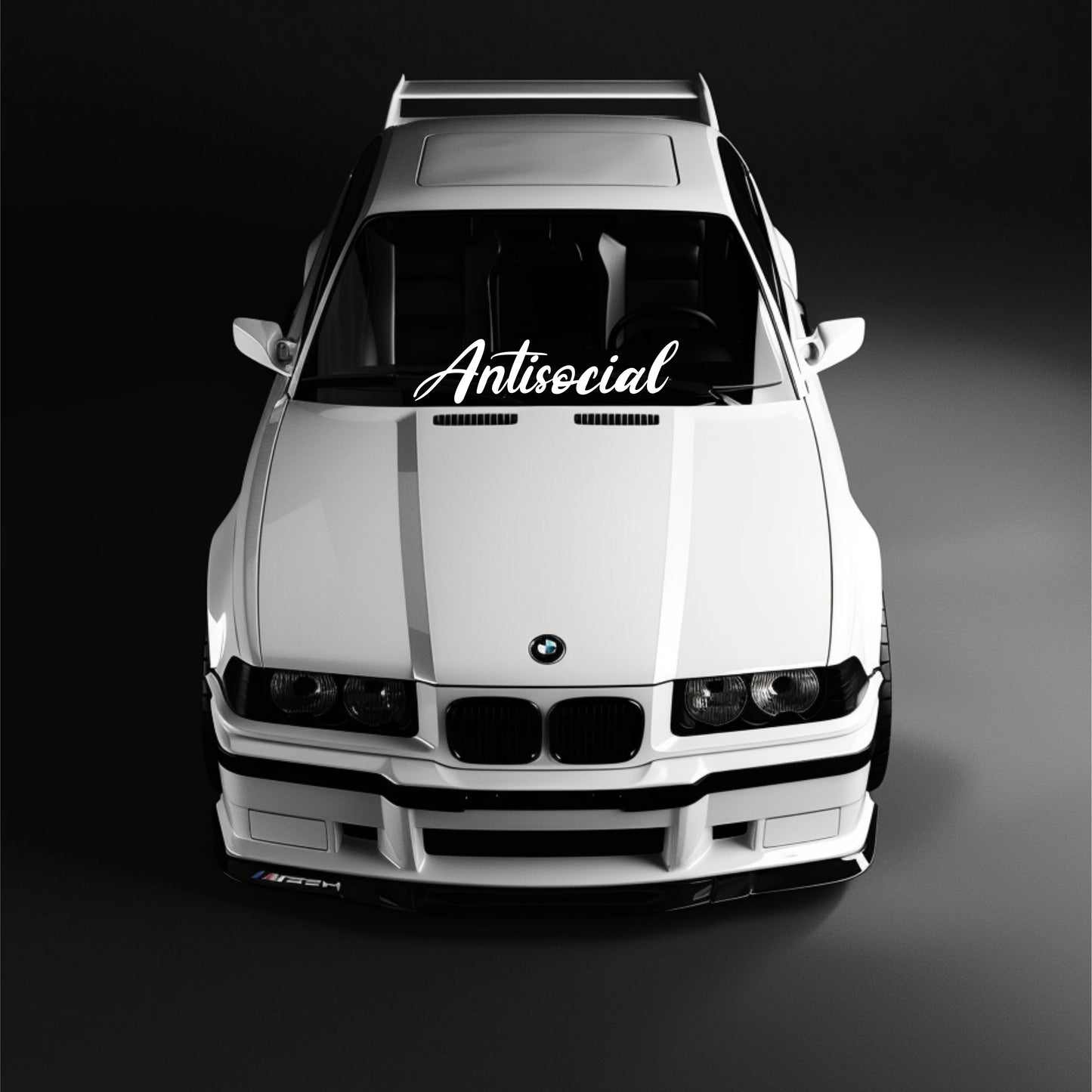 White BMW with 'Antisocial' decal on a black background