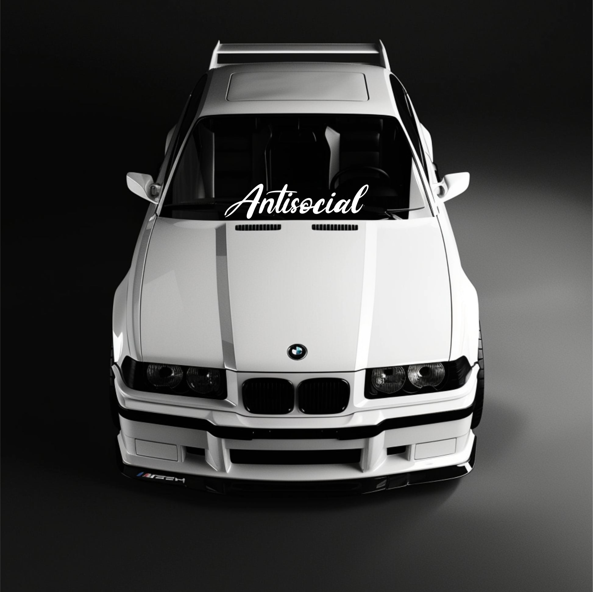 White BMW with 'Antisocial' decal on a black background