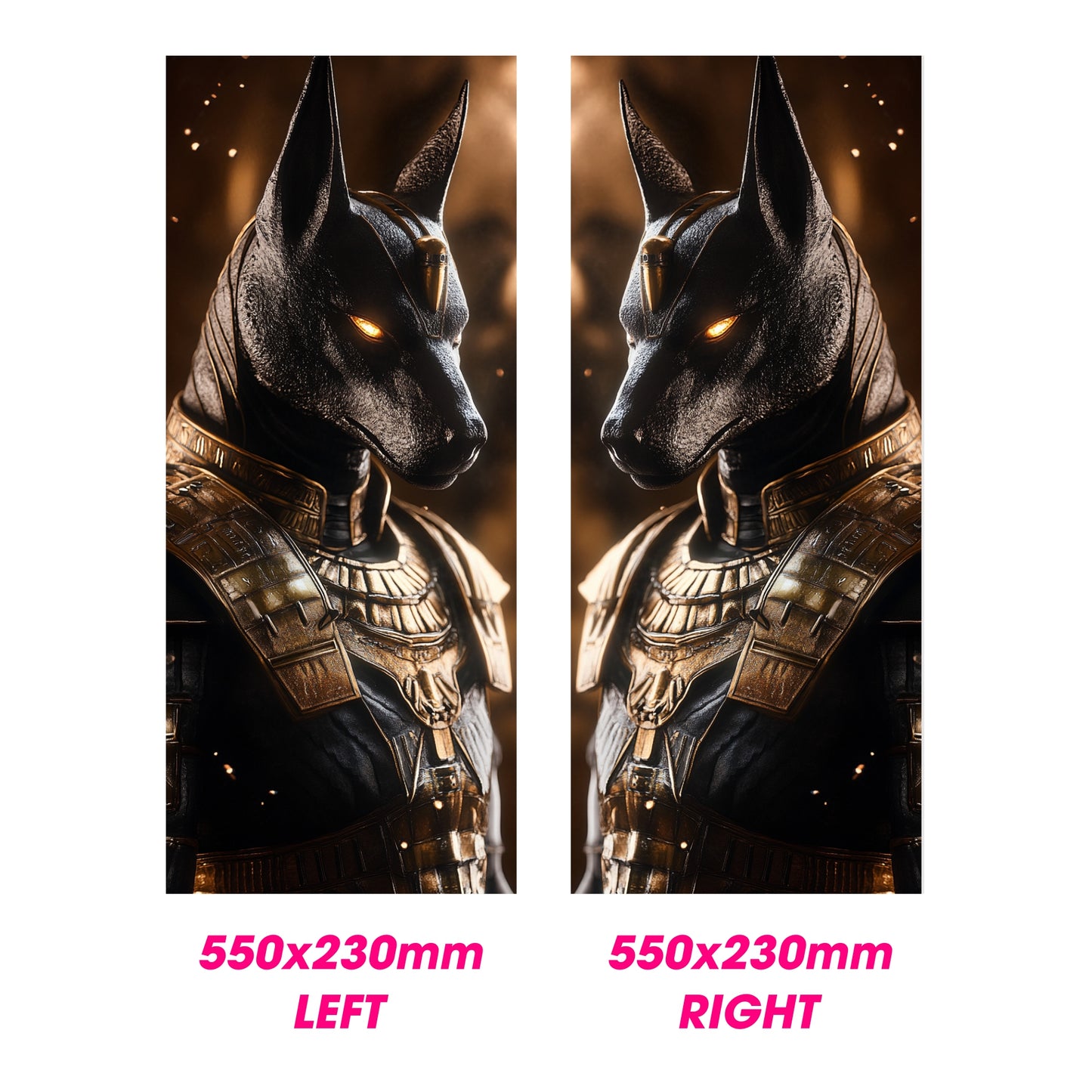 Two identical images of a decorative item with gold accents and text indicating dimensions.