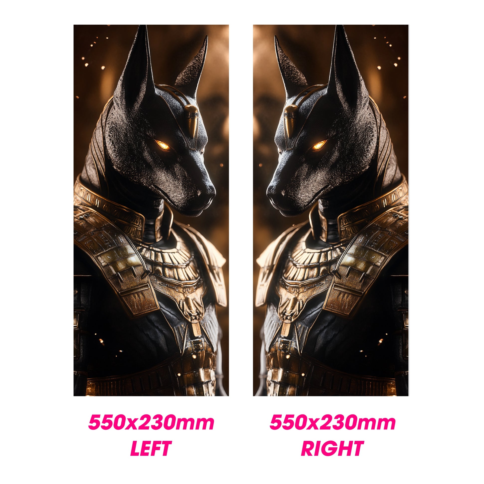 Two identical images of a decorative item with gold accents and text indicating dimensions.