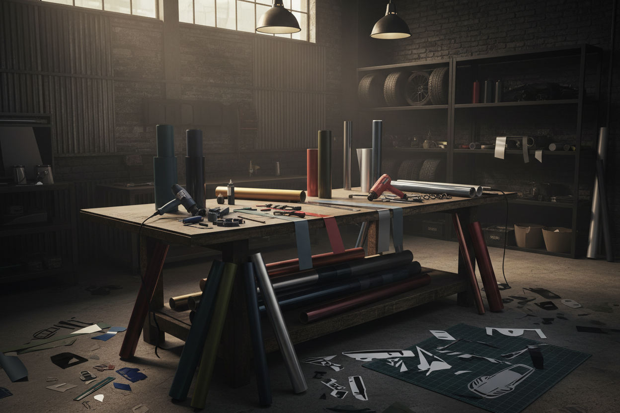 automotive workshop interior, vinyl rolls on the table, cutting tools, heat gun, scattered decals, moody lighting, industrial atmosphere, black and grey tones, raw street build environment, cinematic realism, no branding, no people faces