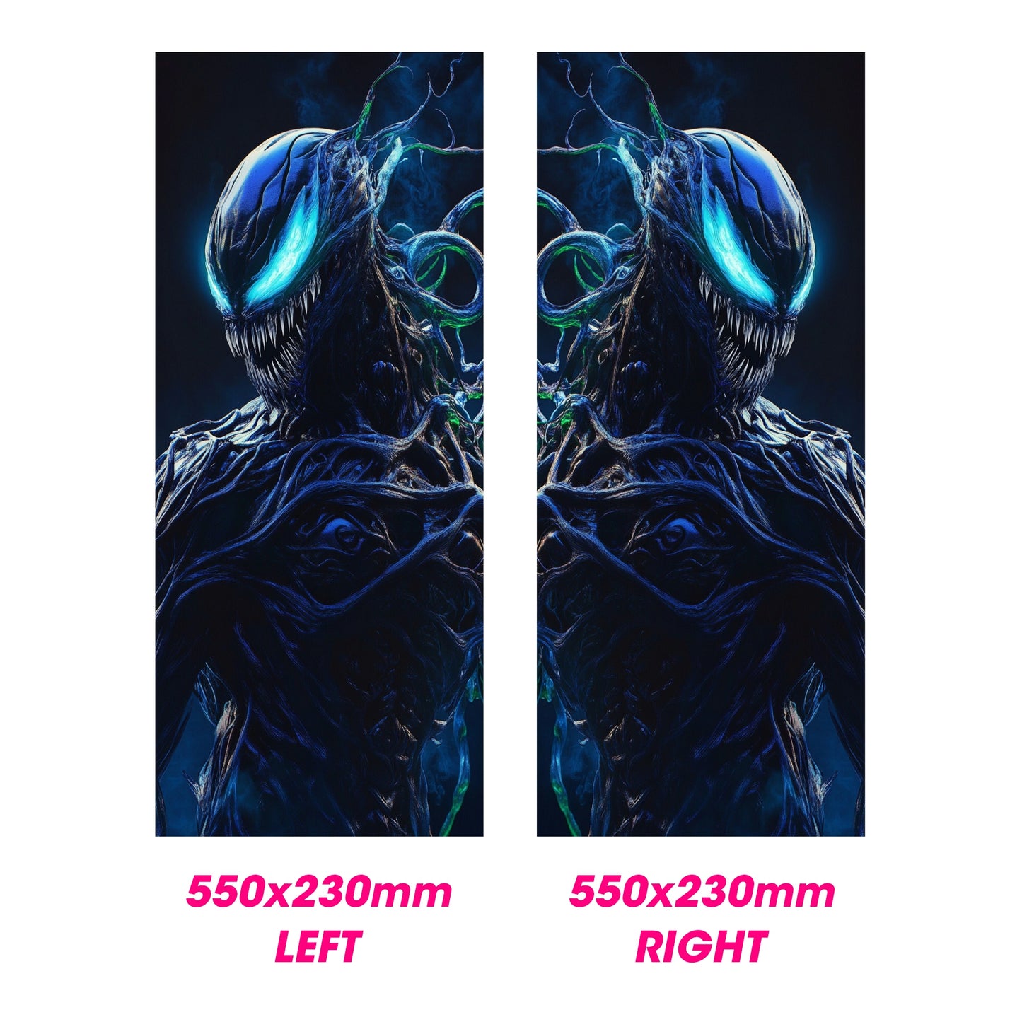 Two vinyl wraps with a blue and black character design, labeled 'LEFT' and 'RIGHT'.